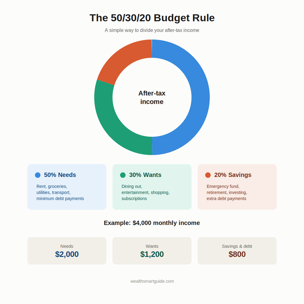 50/30/20 rule budget breakdown infographic